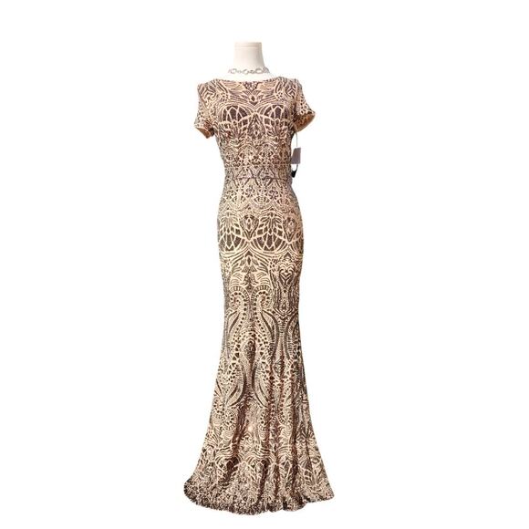 NWT Betsy Adam Long Maxi Formal Gold Shimmer Sequin Wedding Gown Modest Dress 8 - Picture 2 of 9
